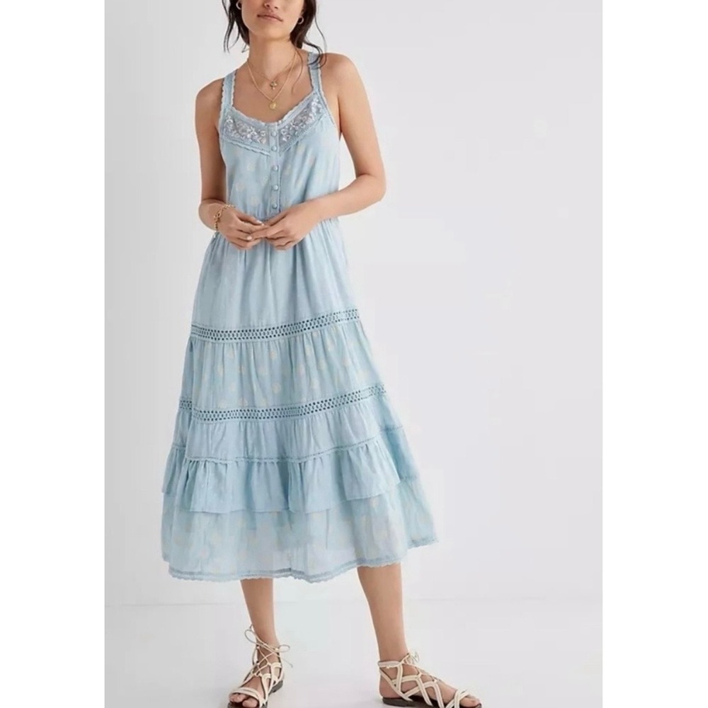 Anthropologie Lace Tiered Midi Dress Women L Light Blue Boho Cottage Peasant